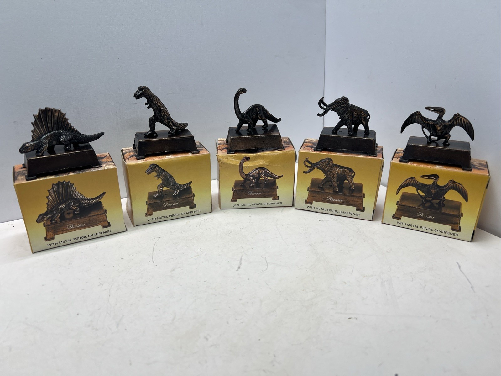 VTG NOS Set Of 5 Metal Dinosaur Pencil Sharpeners W/ Boxes 