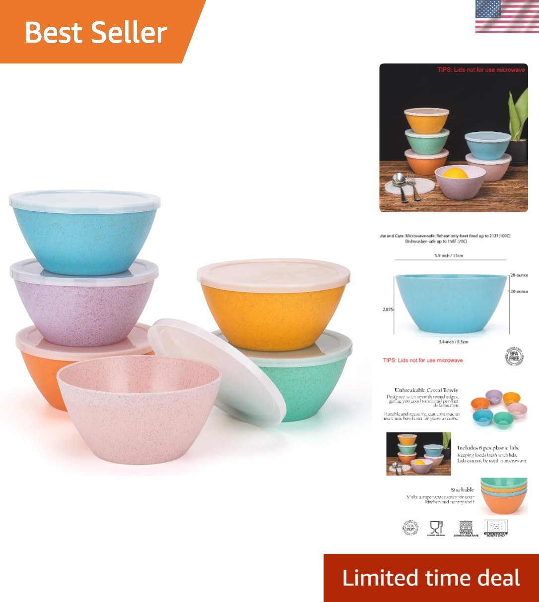 Dishwasher Safe 28 oz Unbreakable Bowls Set of 6 - Ideal for Kids & Outdoor Fun