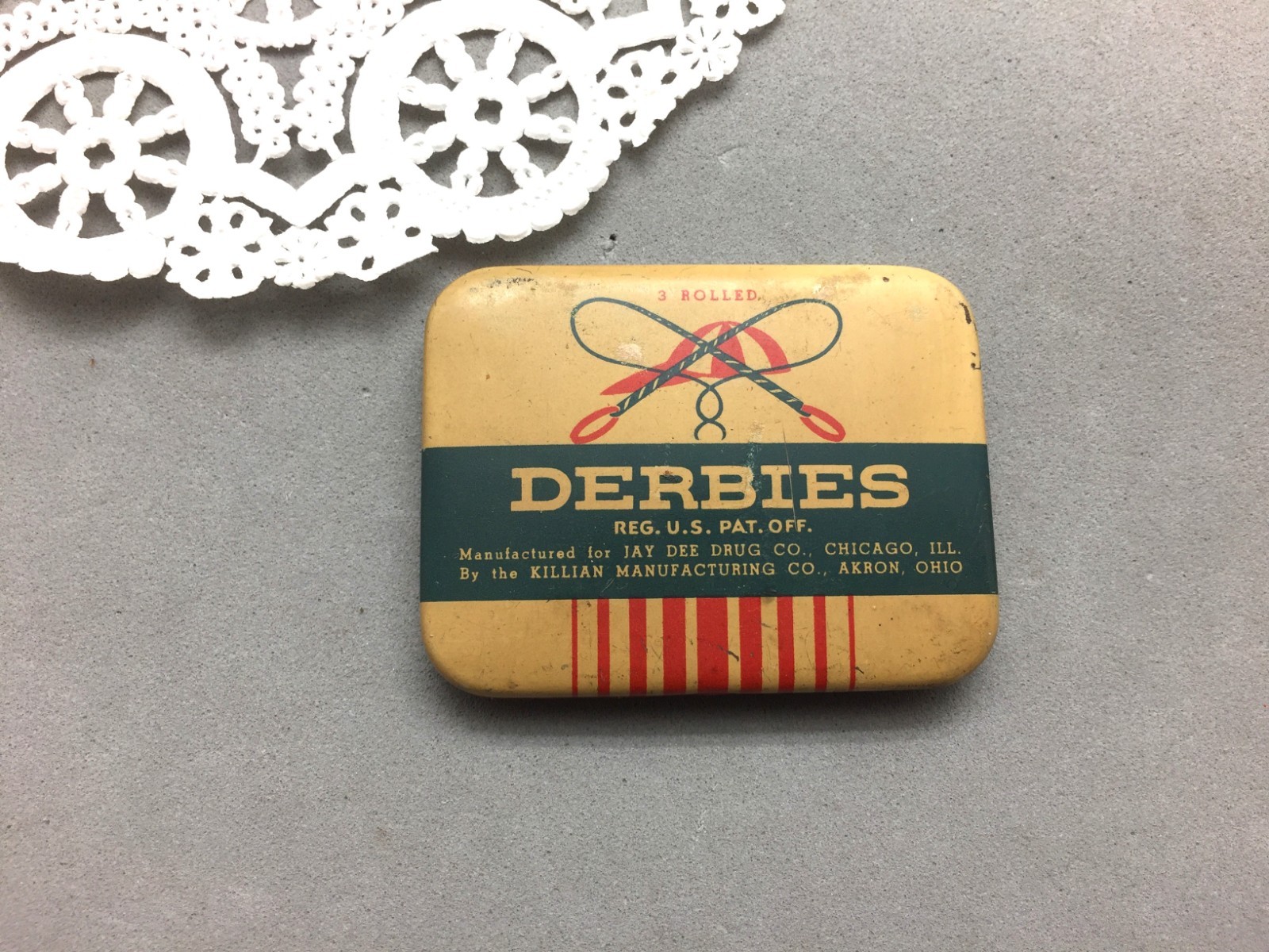 Vtg Derbies Condom Tin w/Product Advertising Jay Dee Drug Chicago Killian Akron