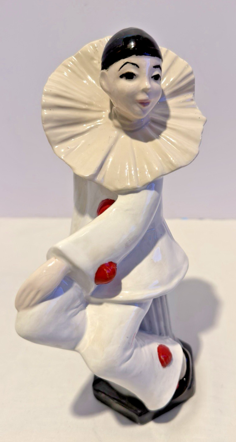 Pierrot Mime Art Deco Style Porcelain Figurine Black  White Cottagecore Statue