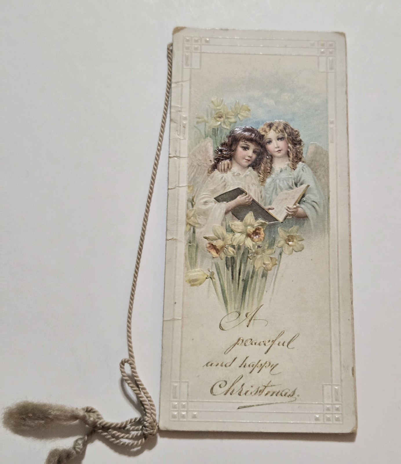 Antq. Embossed Angel Christmas Booklet Card Tassel Frances Ridley Havergal c1910