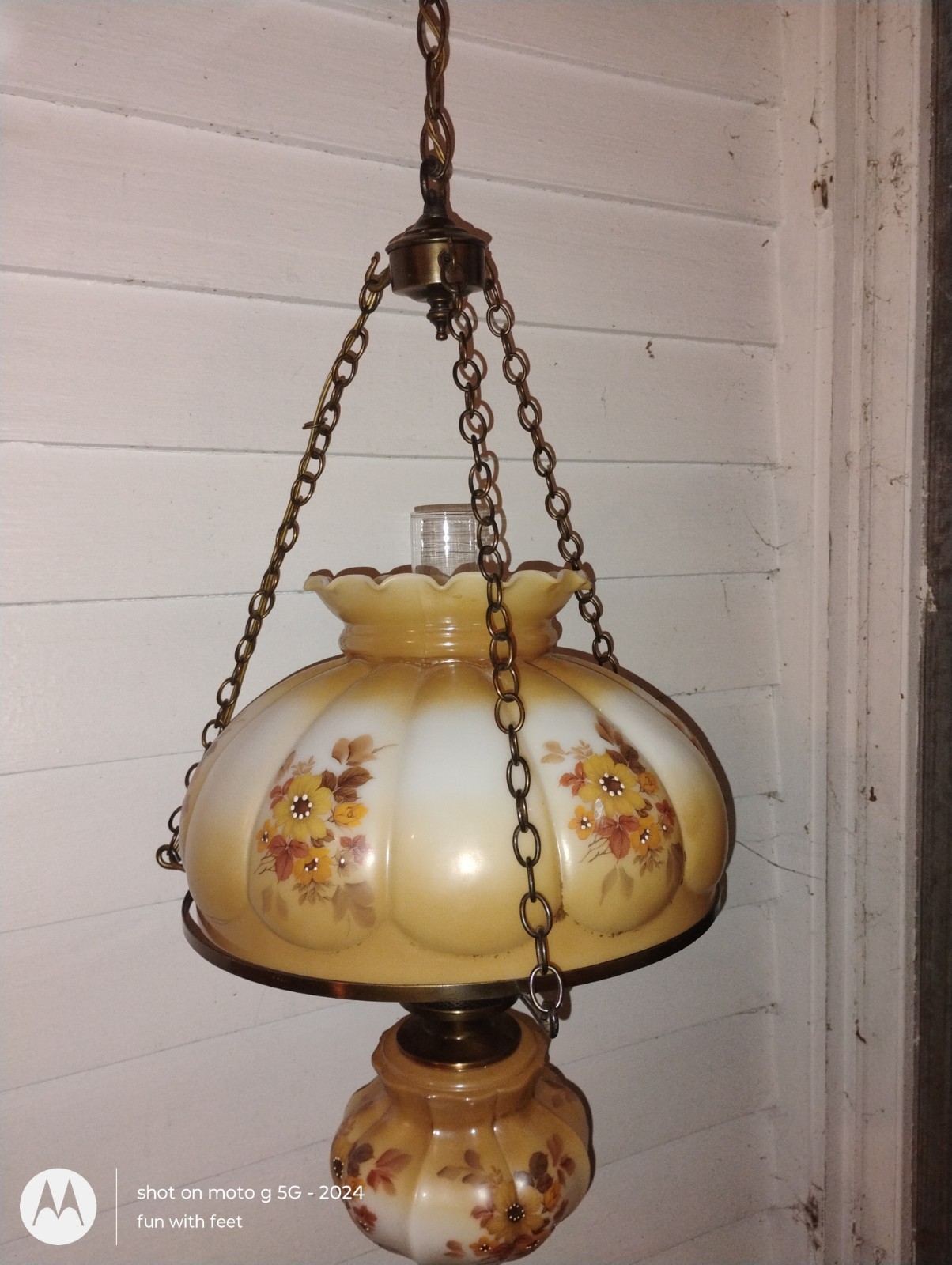 Vintage 1970s  Hurricane Hanging Swag Lamp Milk Glass Floral😊 see description 