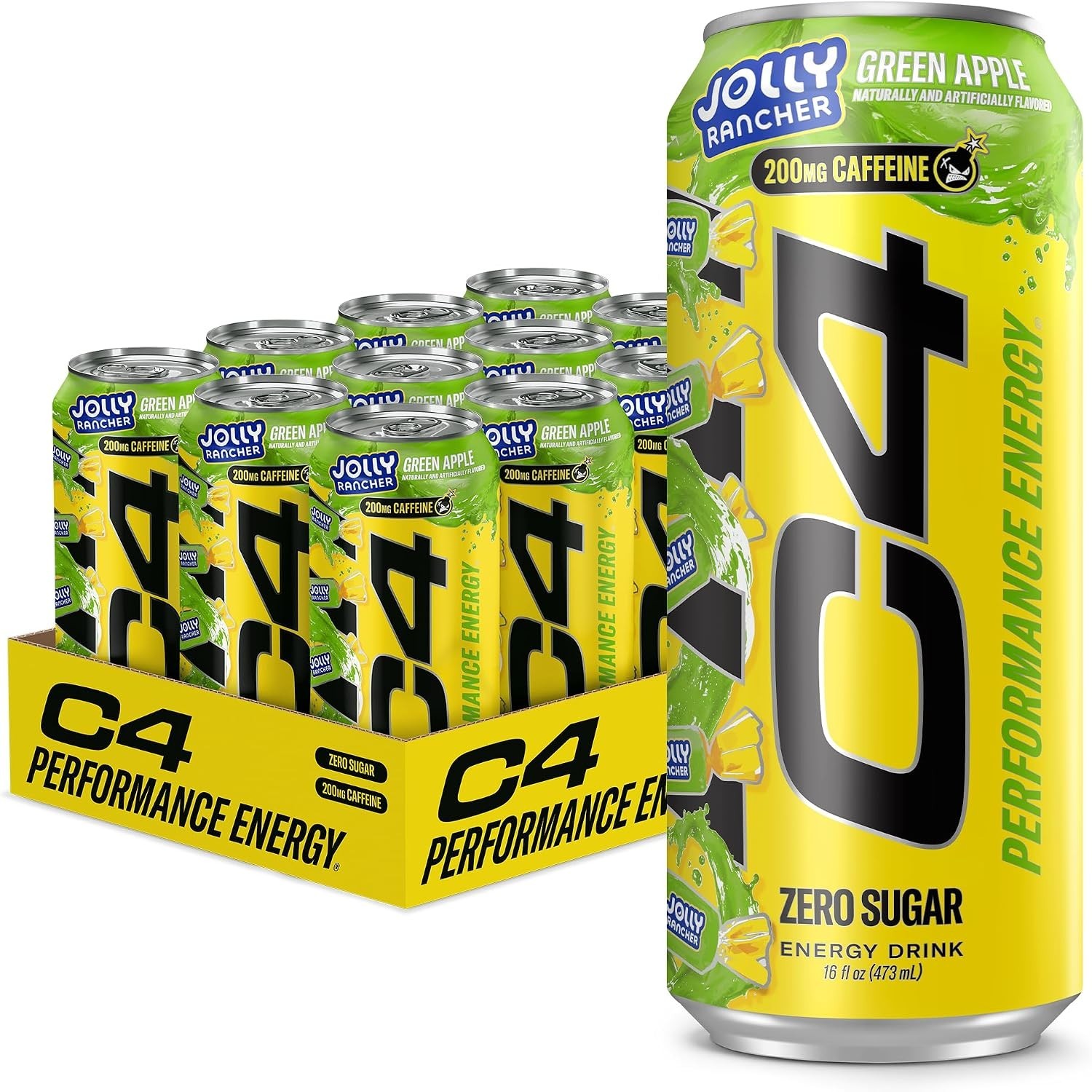 C4 Performance Energy Drink, Zero Sugar, Jolly Rancher Green Apple, 12pk