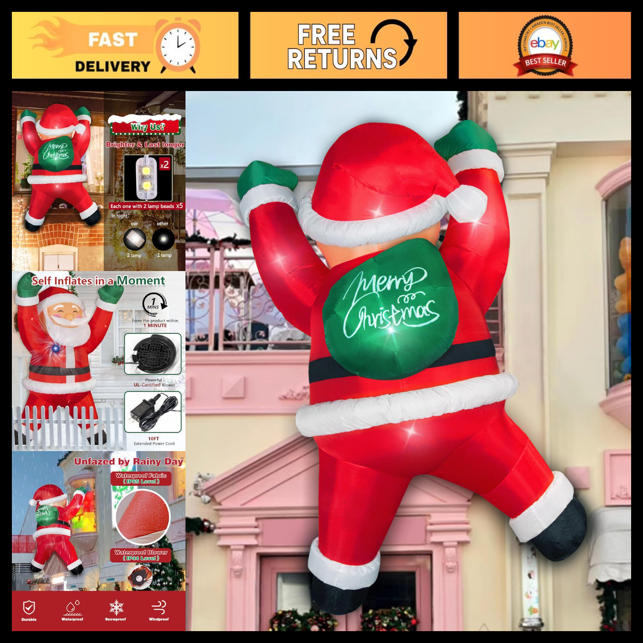 6FT Inflatable Christmas Santa Claus with Gift Bag - LED Lights Outdoor Decor, Y 6FT Inflatable Christmas Santa Claus with Gift Bag - LED Lights Outdoor Decor, Y