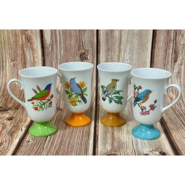 Vintage 1960s Fred Roberts Co. Pedestal Mugs with Birds and Botanicals