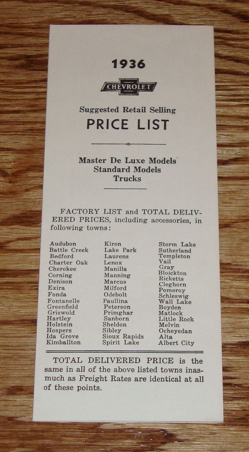 1936 Chevrolet Car & Truck Accessory Listing & Prices 36 Chevy