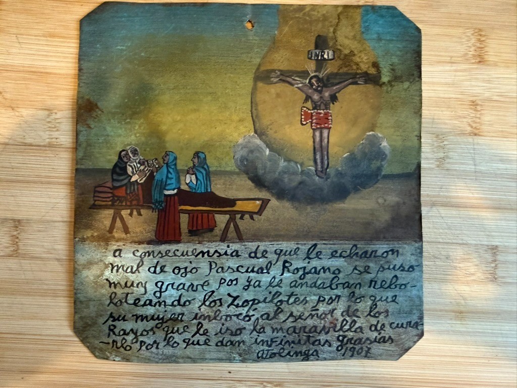 Antique Religious Art - 1907 Rare Mexican Folk Art Authentic Ex-Voto on Tin