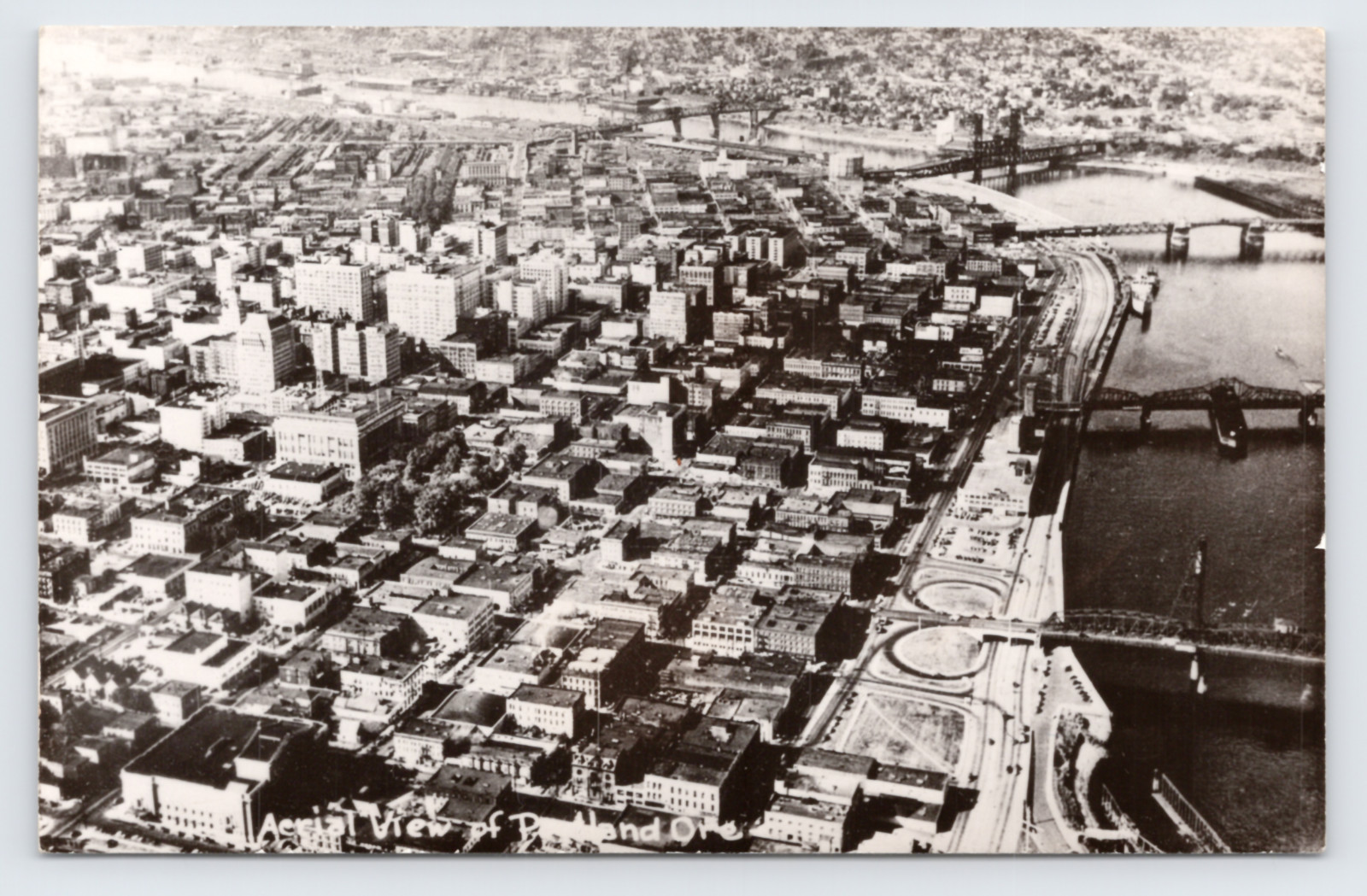 c1955 Aerial View Downtown RPPC Portland OR Harbor Drive Willamette River