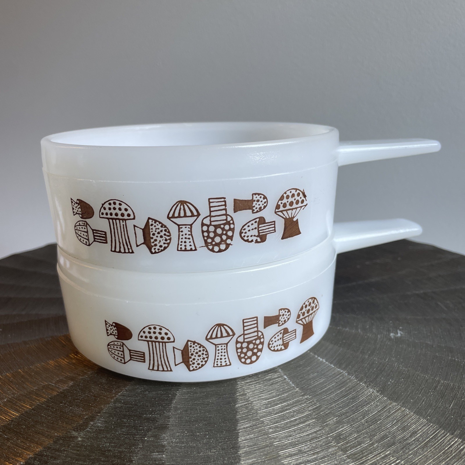 Lot of 2 vTG  Glasbake Ovenware Milk Glass Bowl w/Handle, Mushroom Design