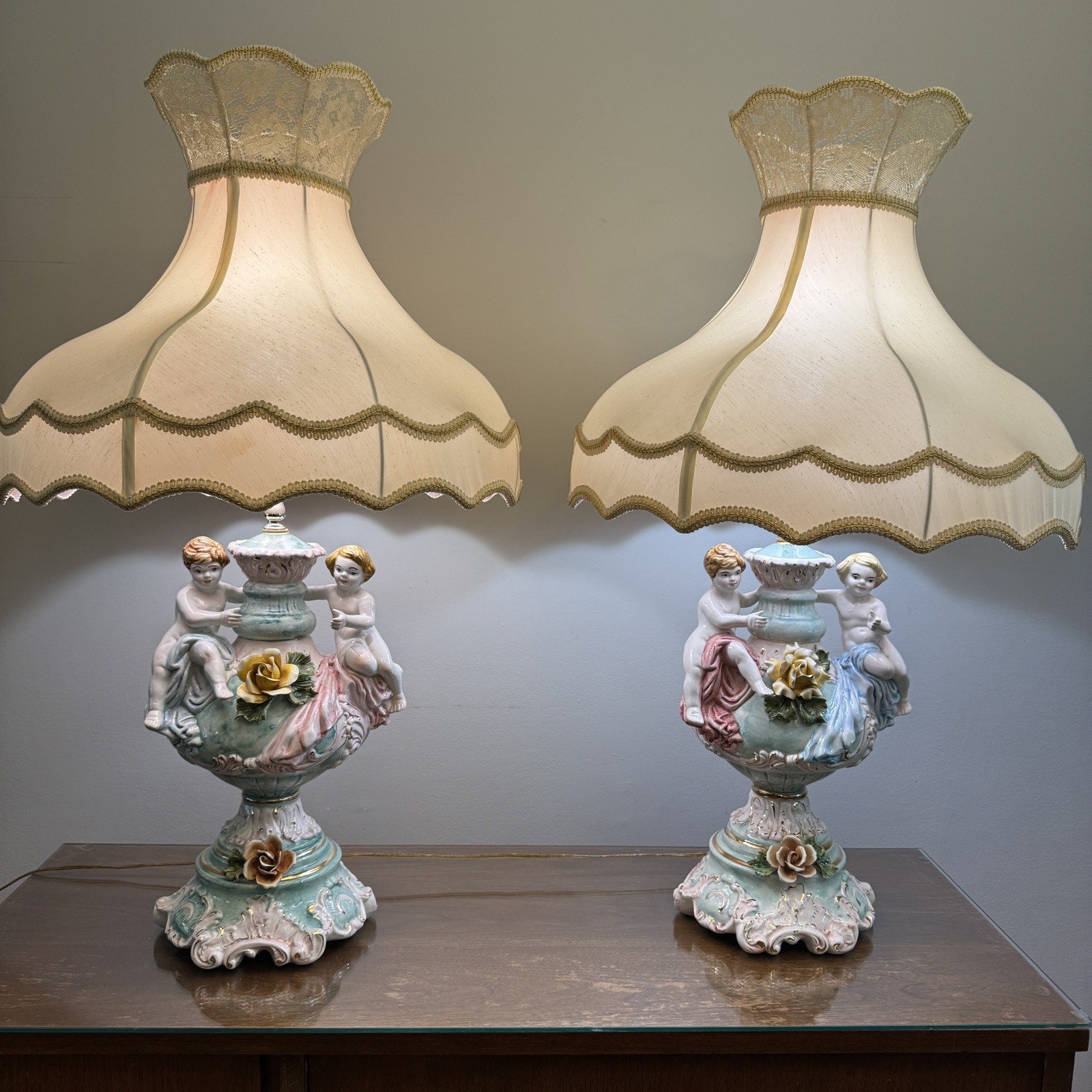 Pair Vintage Capodimonte style Porcelain Cherub Lamps 38” W/ Shade 