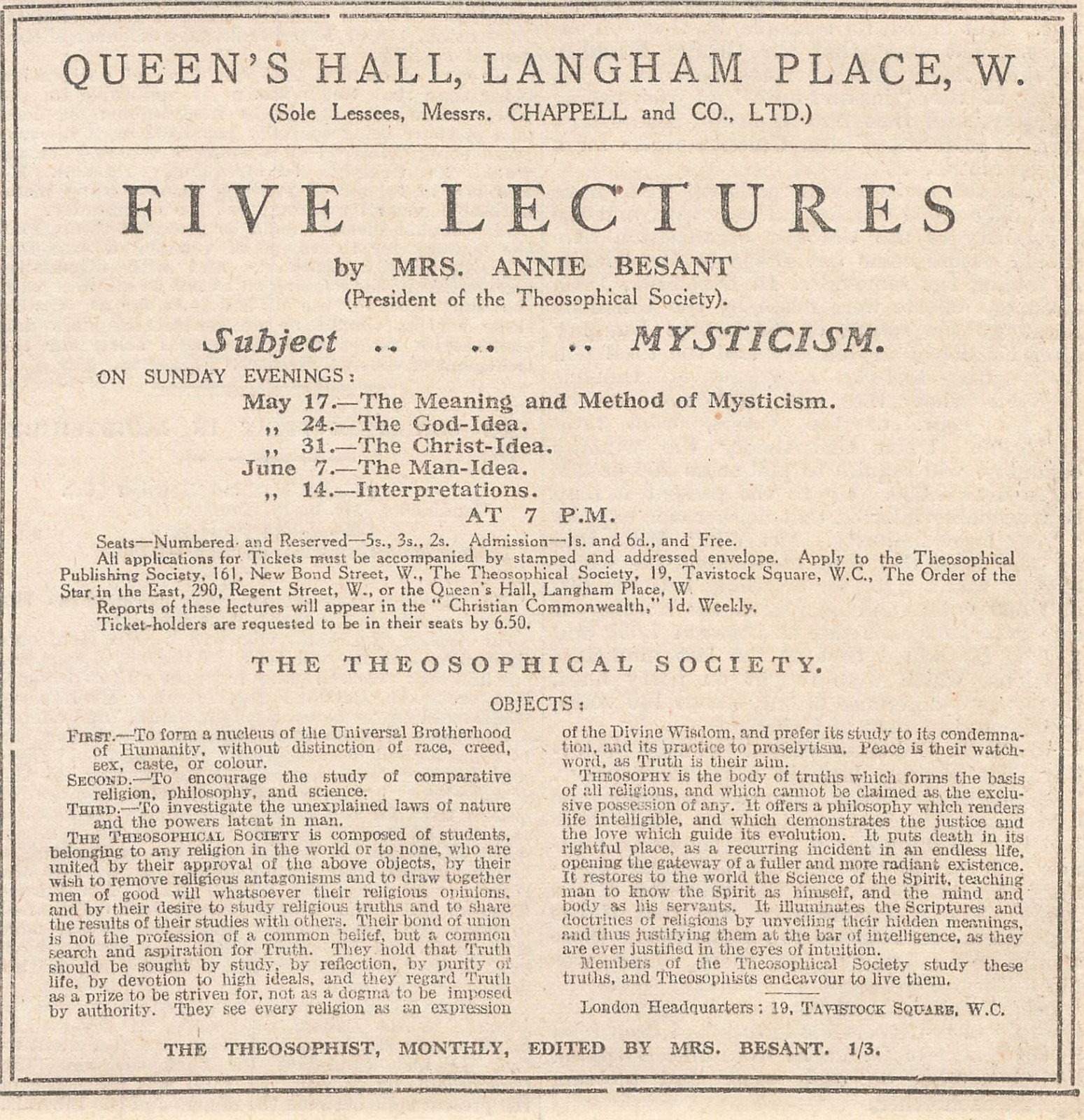 1914 Five Lectures By Annie Besant Subject Mysticism Queen's Hall Langham Place
