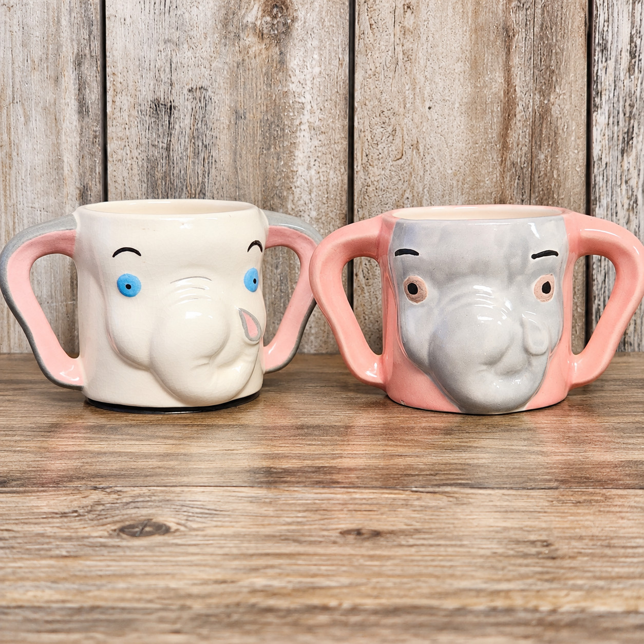 Vintage Handmade Ceramic 60's Elephant Mugs Double Handled Signed Glazed 1961