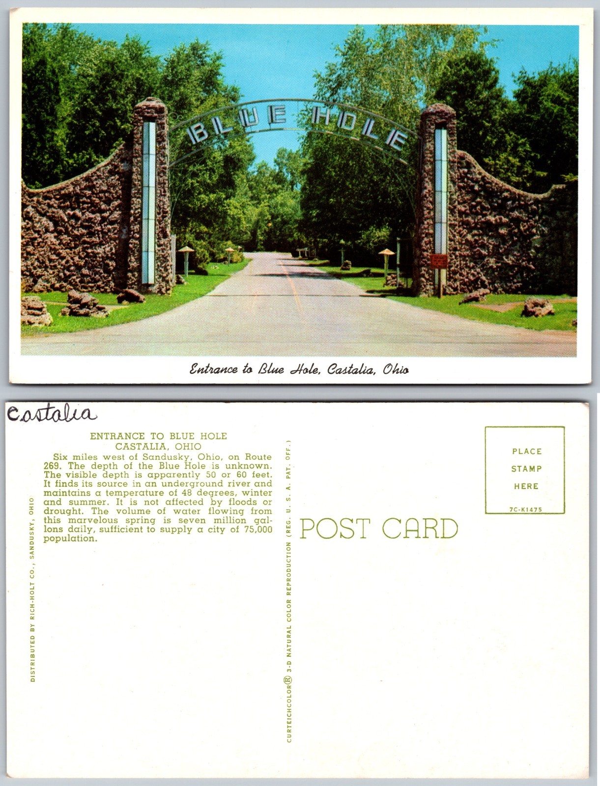 Blue Hole Entrance Castalia Ohio Postcard