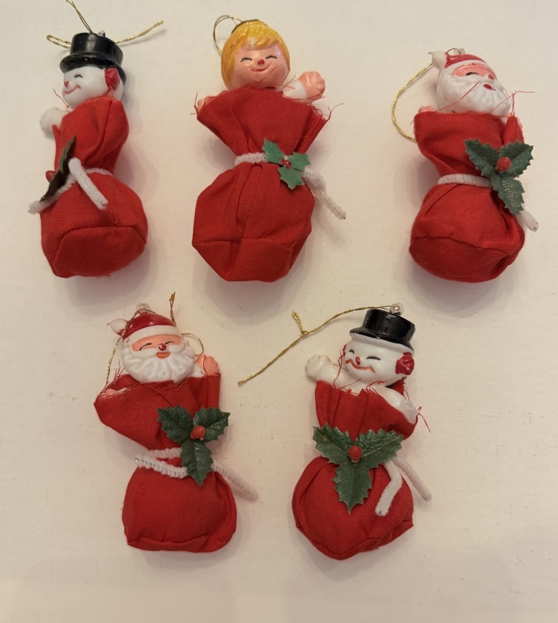 Vintage 1960s Christmas Ornaments Santa Snowman Angel Cotton Lot of 5 MCM