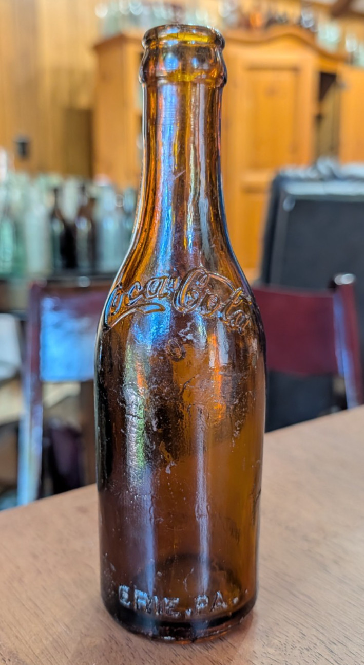 VINTAGE Amber Coca-Cola, Erie PA, Arch Script, Triple Script Soda Bottle, RARE