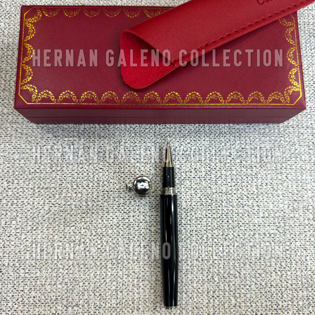 CARTIER Santos Signature Black Lacquer Ballpoint Pen Silver Trim Logo Luxury
