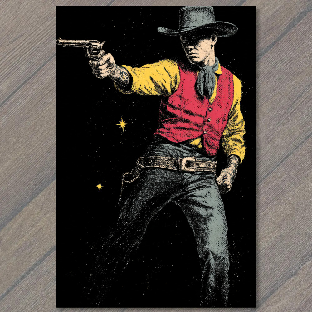 POSTCARD Western Cowboy Revolver Black Red Yellow Graphic