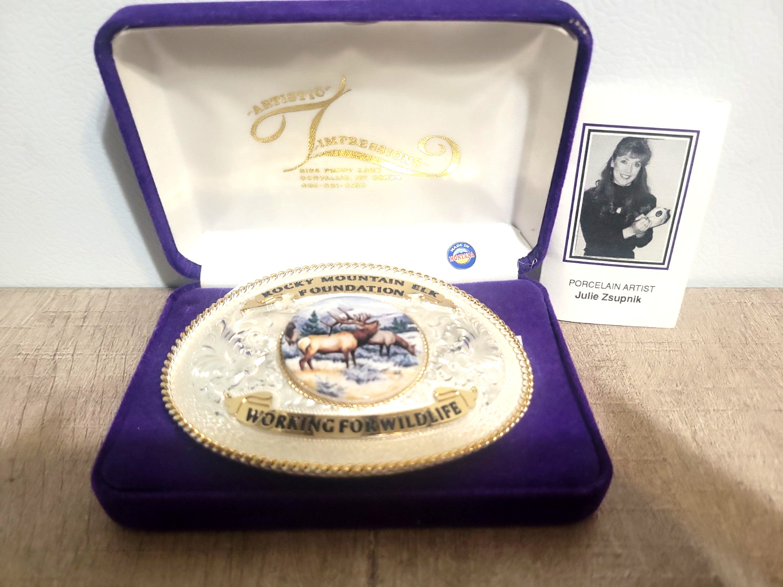 Rocky Mountain Elk Foundation Silverplate Belt Buckle in Case by Julie Zsupnik