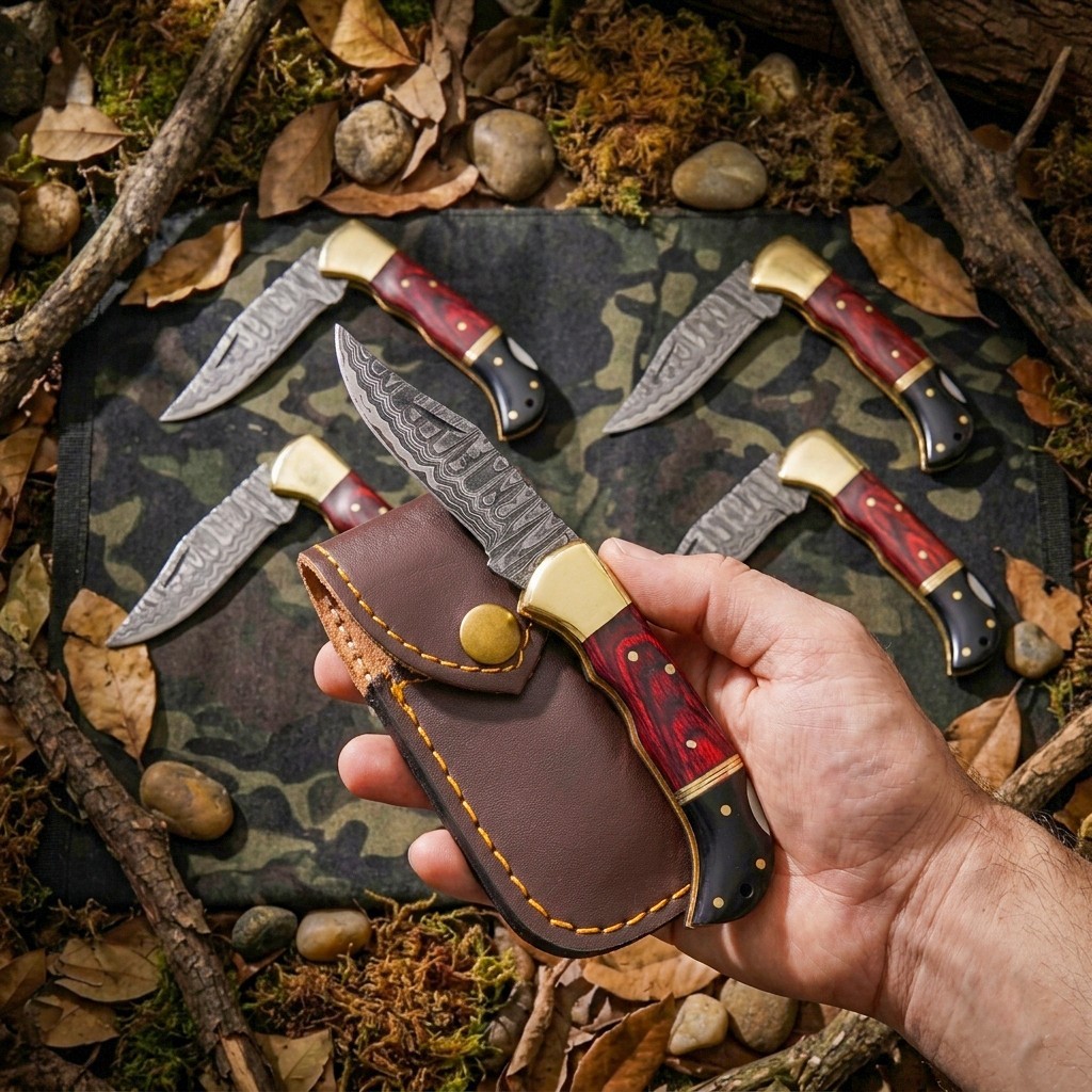 LOT SET OF 5 PCS, Folding Knife Handmade Damascus Steel Outdoor Pocket Knife