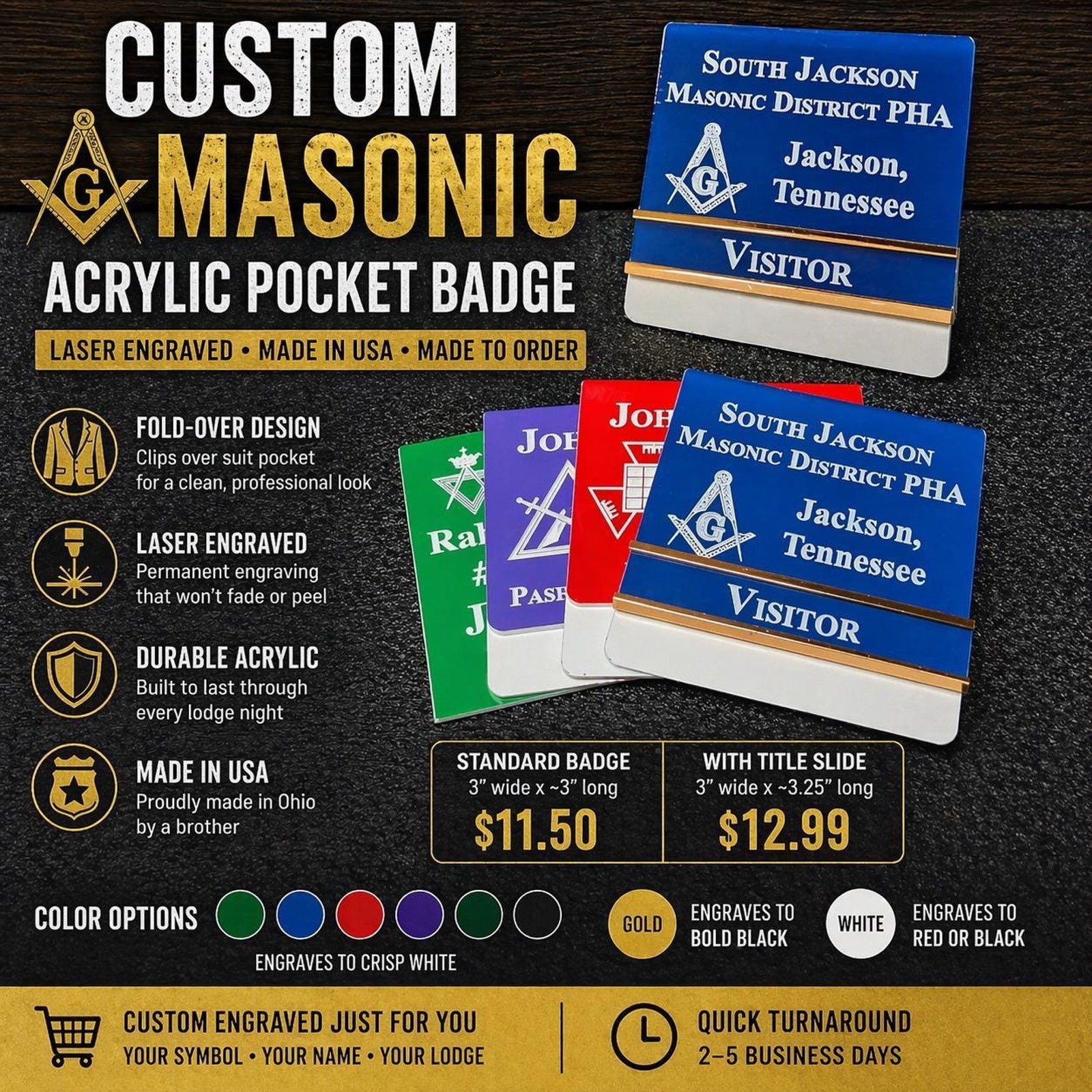 Custom Masonic Pocket Badge | Laser Engraved Acrylic Name Badge With Title Bar