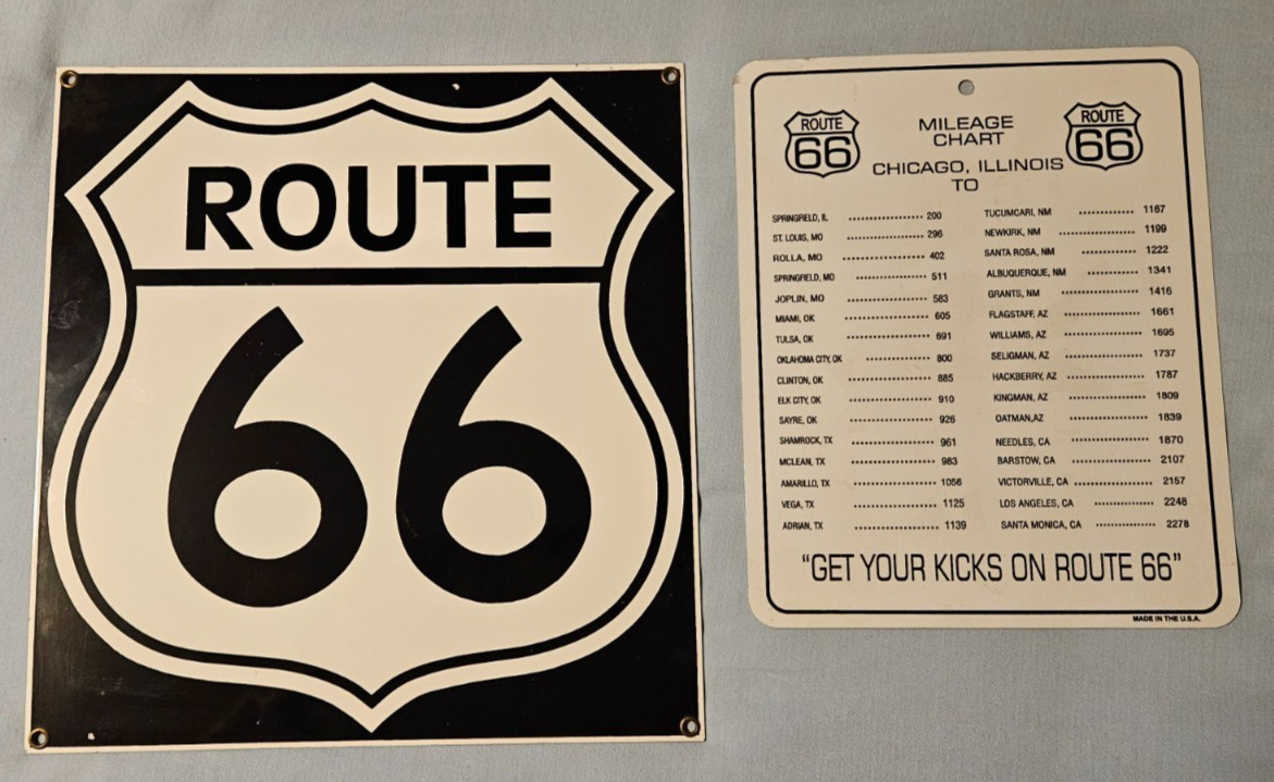 Vintage Ande Rooney Route 66 Porcelain Metal Sign & Metal Mileage Chart sign