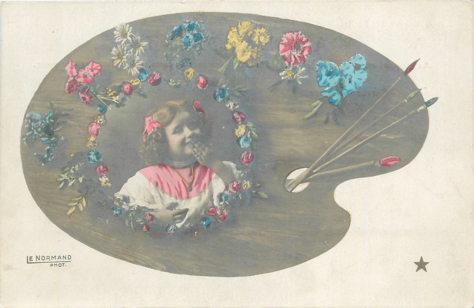 c1910 Girl artist paint Palette Floral artist impression Postcard 26-86