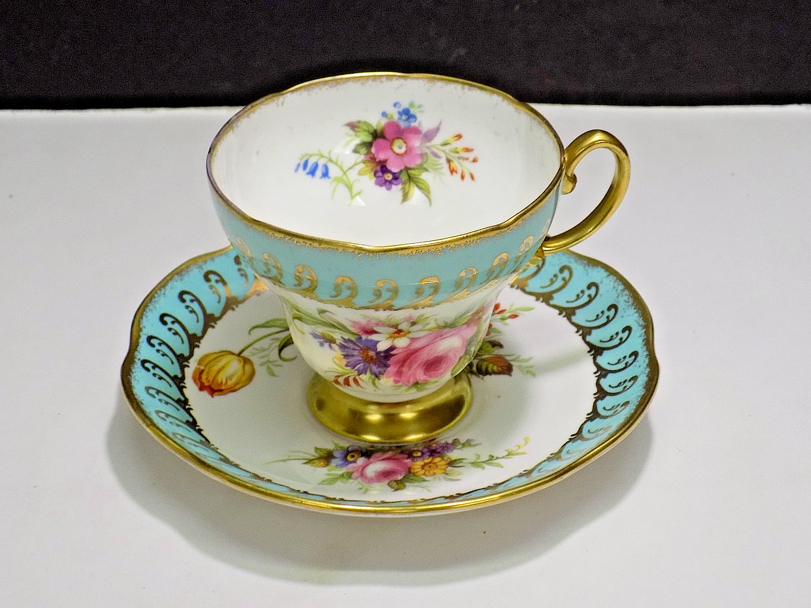 EB Foley England 1850 Blue Gild Bone China Tea Cup & Saucer #3807