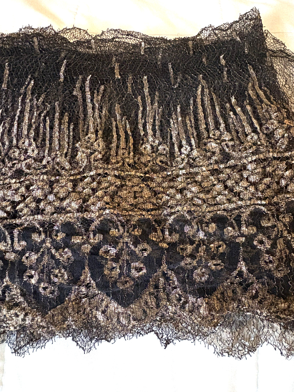 Antique 1920s Reclaimed Black & Gold Metallic Thread Lace remnant Crafts Costume