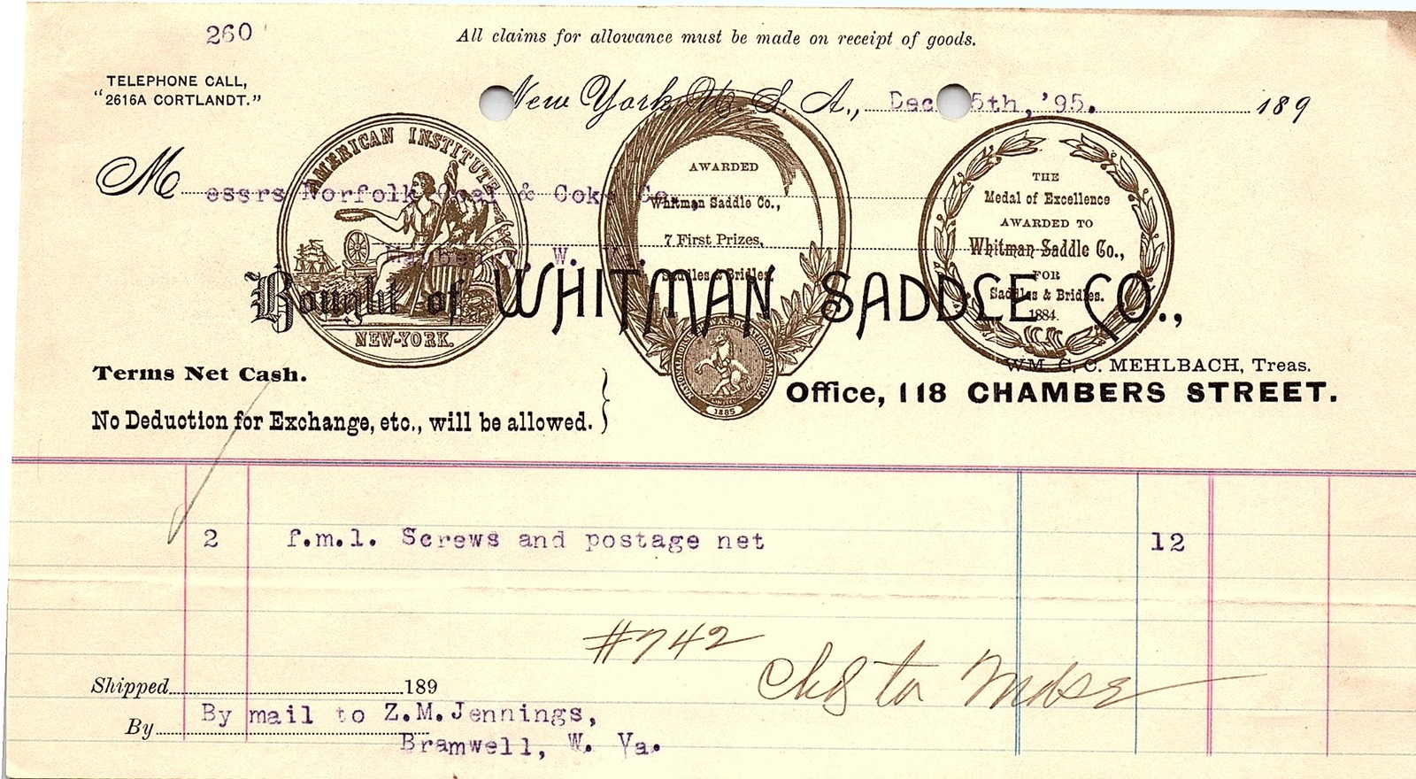 Vintage Whitman Saddle Co. billhead, 1895