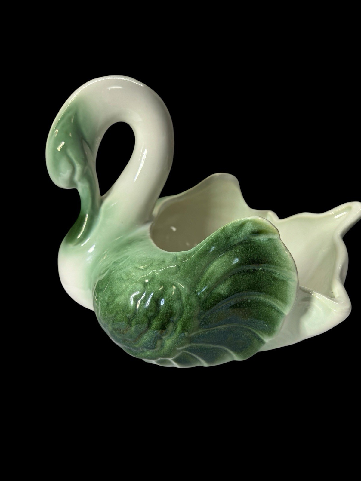Vintage Green White Ceramic Swan Planter Vase Cottagecore Grandmillennial  50’s