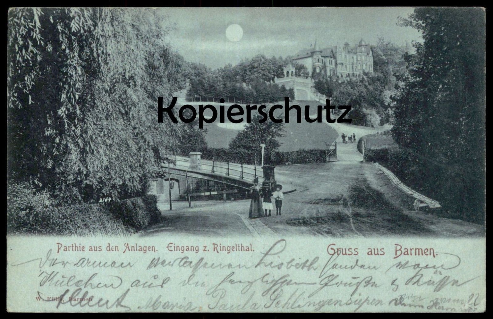 VINTAGE MOONLIGHT POSTCARD GREETING FROM BARMEN PARTHIE FROM THE INSTALLATIONS ENTRANCE TO R