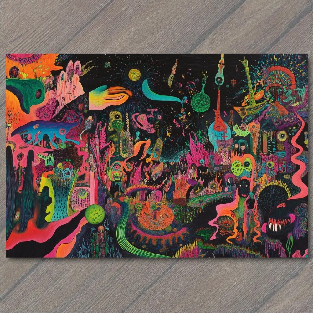POSTCARD Colorful Abstract Crowd Scene Psychedelic Street Art Vivid Illustration
