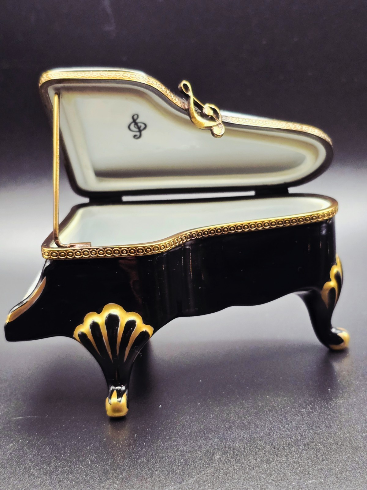 Limoges France Grand Piano Porcelain Trinket Box Peint Main Chamille Black Gold