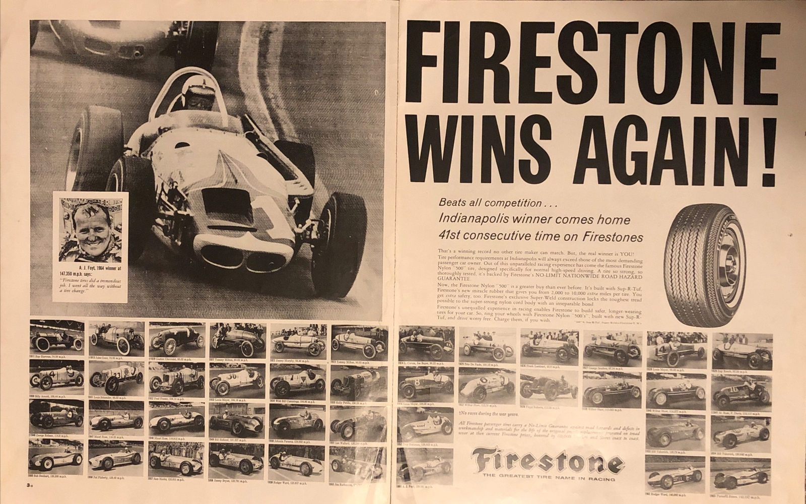 1964 Firestone Tires PRINT AD 41 Consecutive Indy Winners AJ Foyt VTG 1960s 2-pg