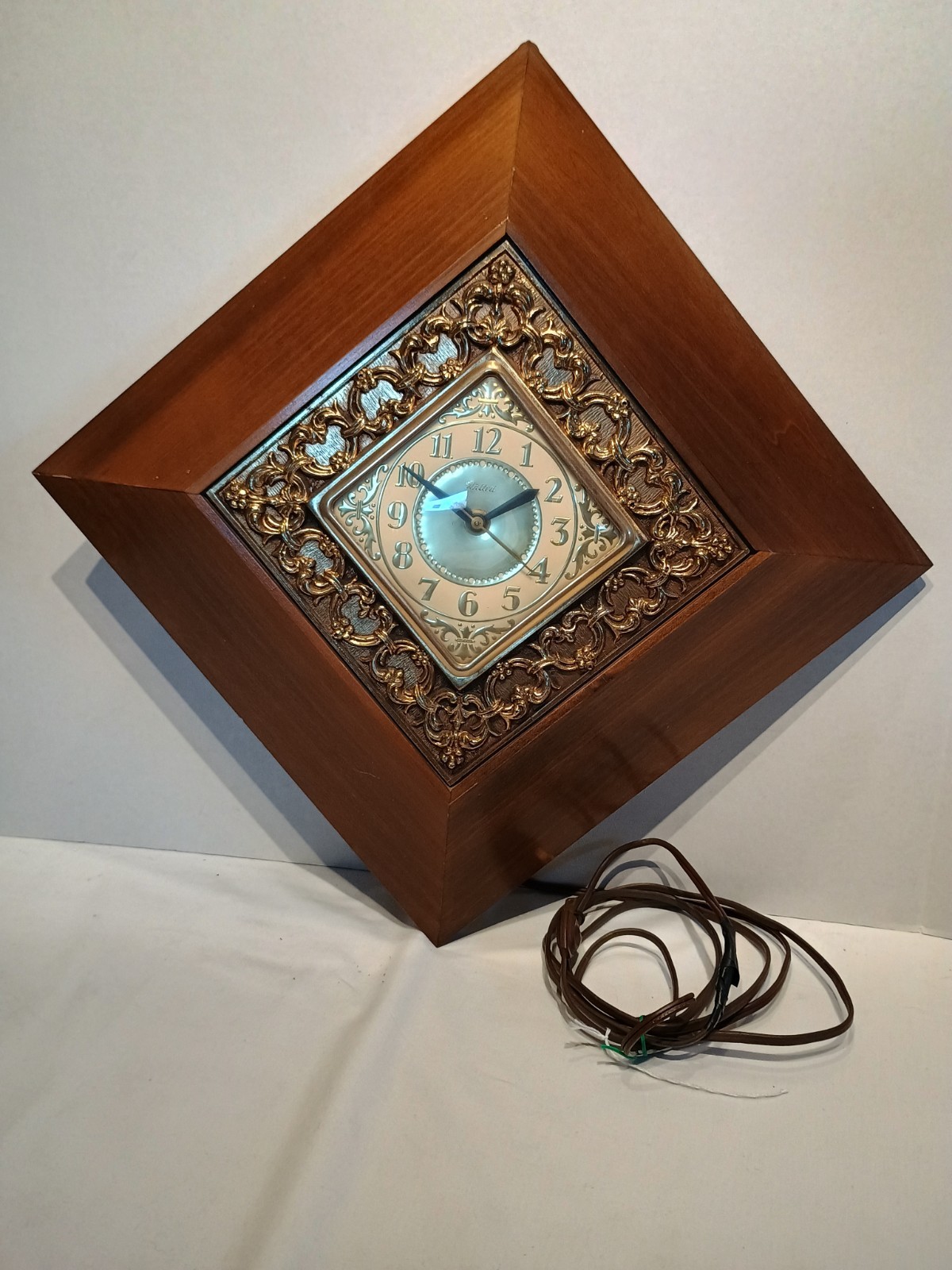 VTG United Clock Co Electric Wall Clock MCM Wood & Brass Diamond Shape Model #30