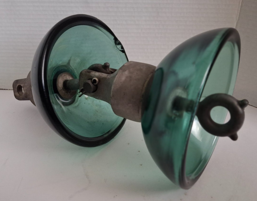 Vtg heavy-duty Glass Suspension Insulators (dbl) w/original metal clevis hdwr.