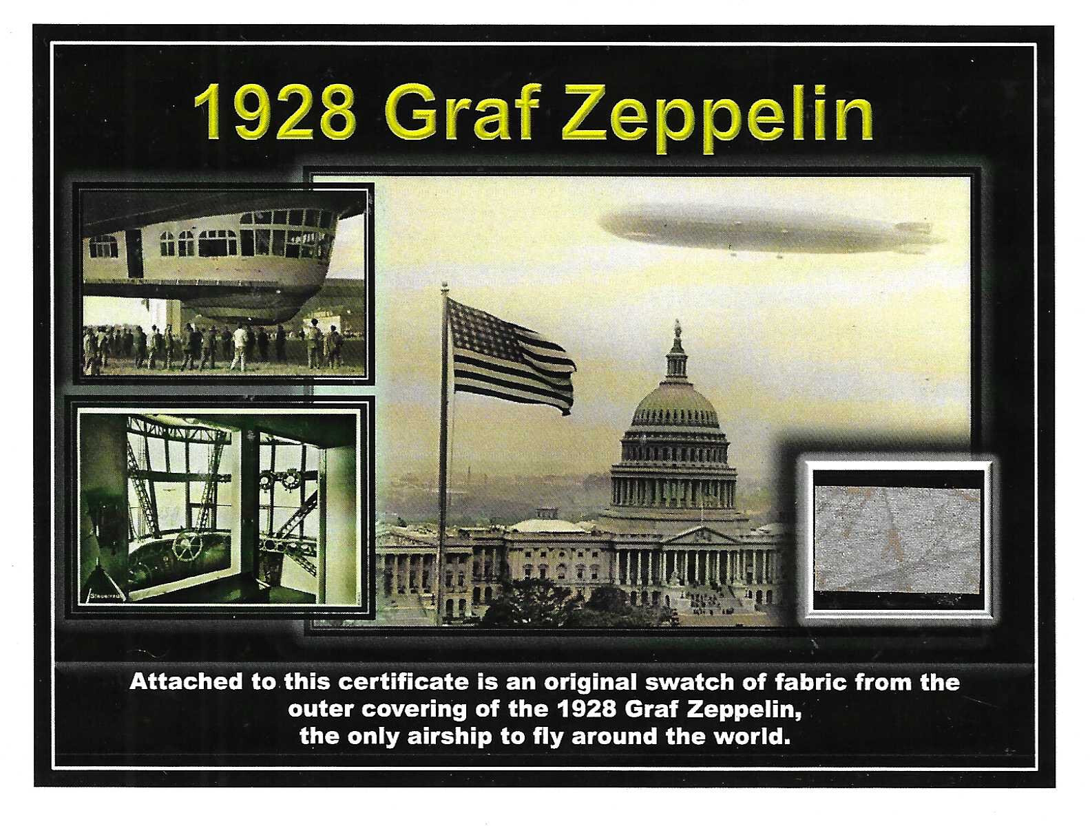 1928 Graf Zeppelin Authentic Flown Fabric swatch on a Beautiful Certificate