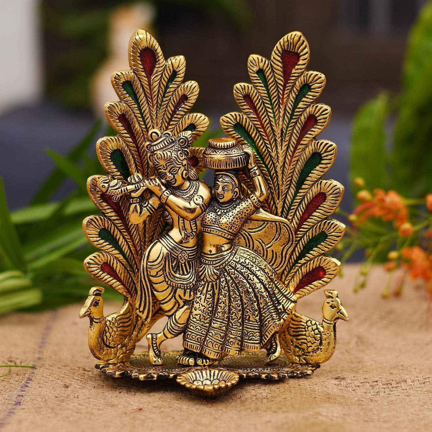 Collectible India Peacock Design Radha Krishna Idol Showpiece(7 x 5 Inches)Metal