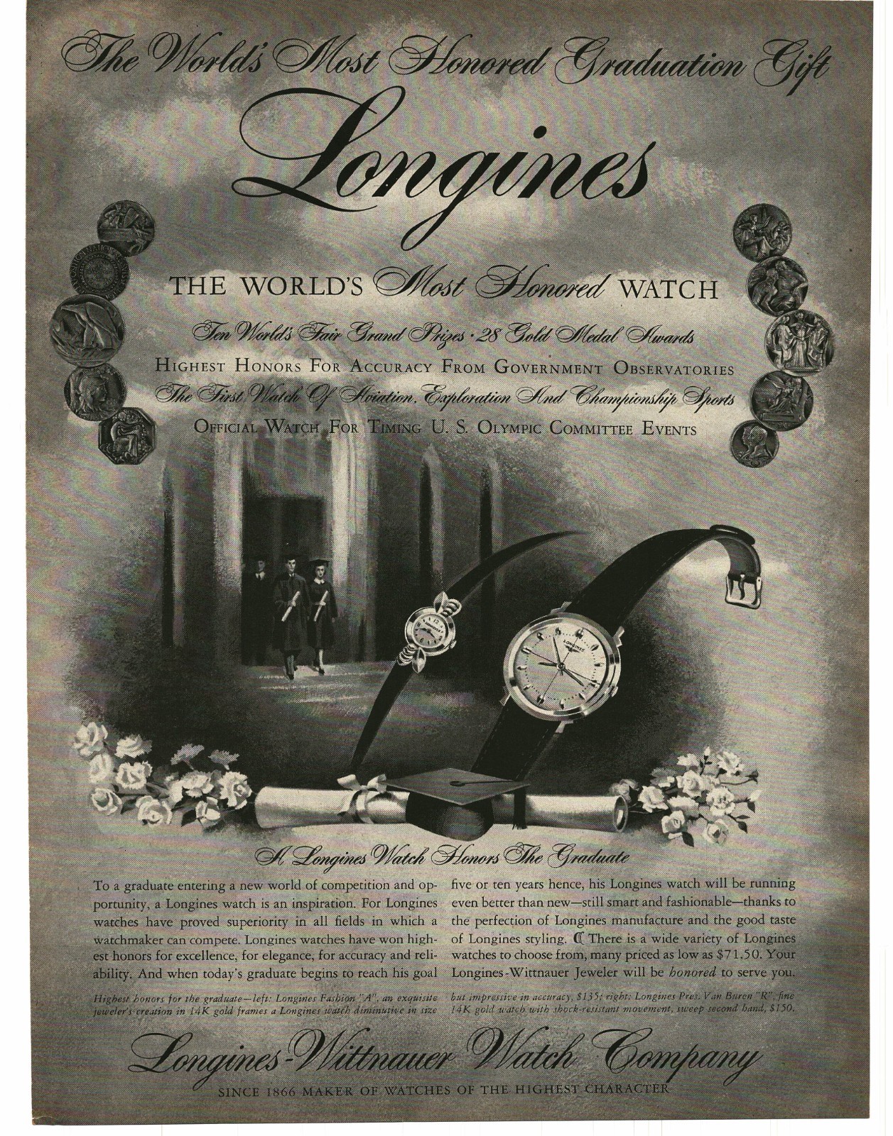 1956 Longines Men\'s Women\'s wrist watches graduation gift  Vintage Print Ad