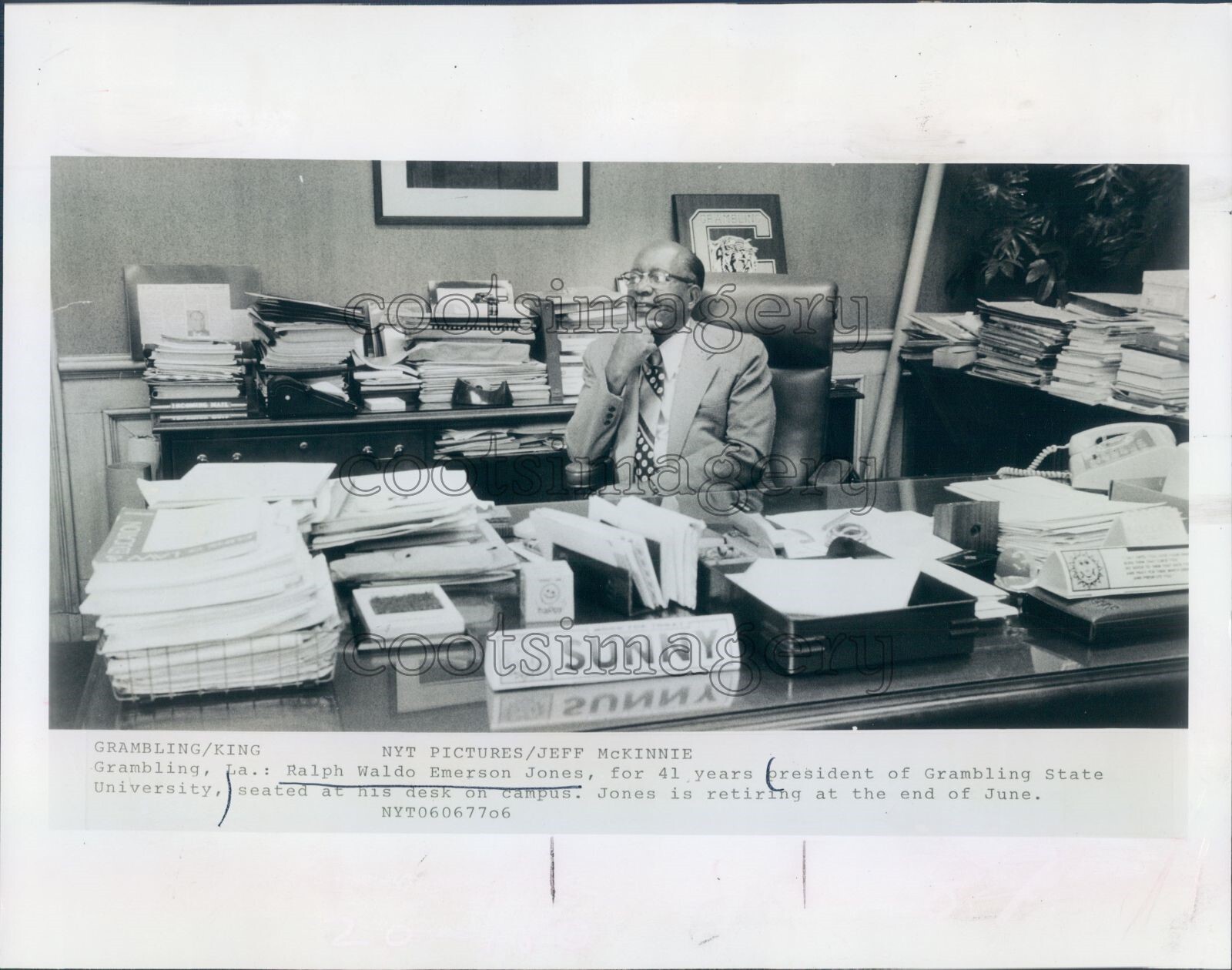 1977 Press Photo Ralph Waldo Emerson Jones of Grambling University at Desk