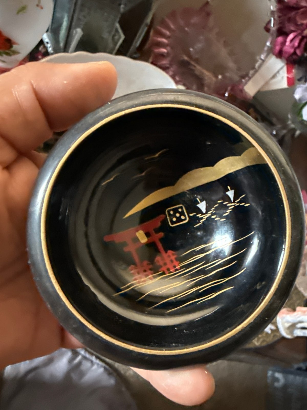 Vintage Japanese Black Lacquerware Bowl Torii Gate Gold Hand Painted Dish
