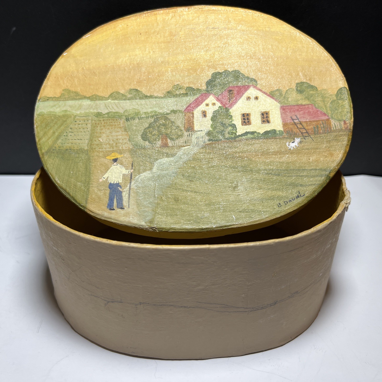 Vintage Paper Mache Oval Box Signed by Artist Brigitte Daval Hand Painted