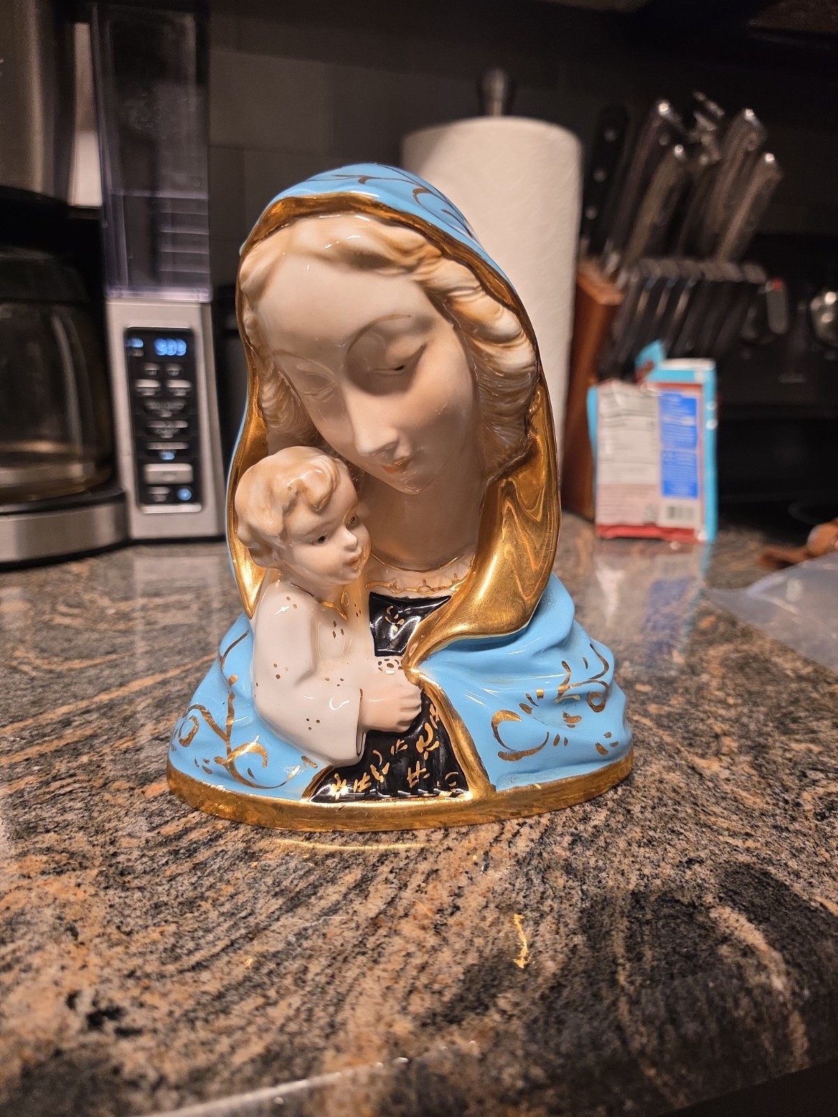 Vintage Italian Porcelain Madonna & Child Figurine Blue Gold 8” Made in Italy