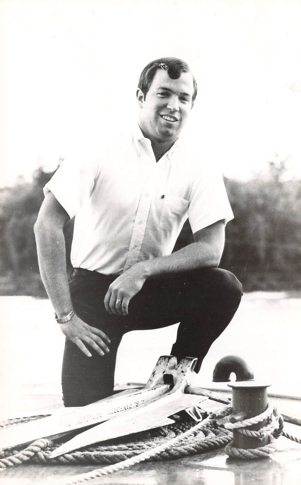 HANDSOME HUNK MAN ON BOAT FOR PORTRAIT REAL PHOTO POSTCARD RPPC 1950s