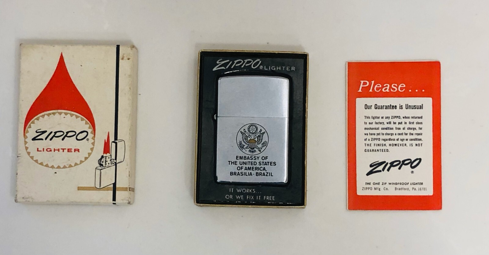 VINTAGE 1972 ZIPPO LIGHTER UNITED STATES EMBASSY BRASILIA-BRAZIL - WITH BOX