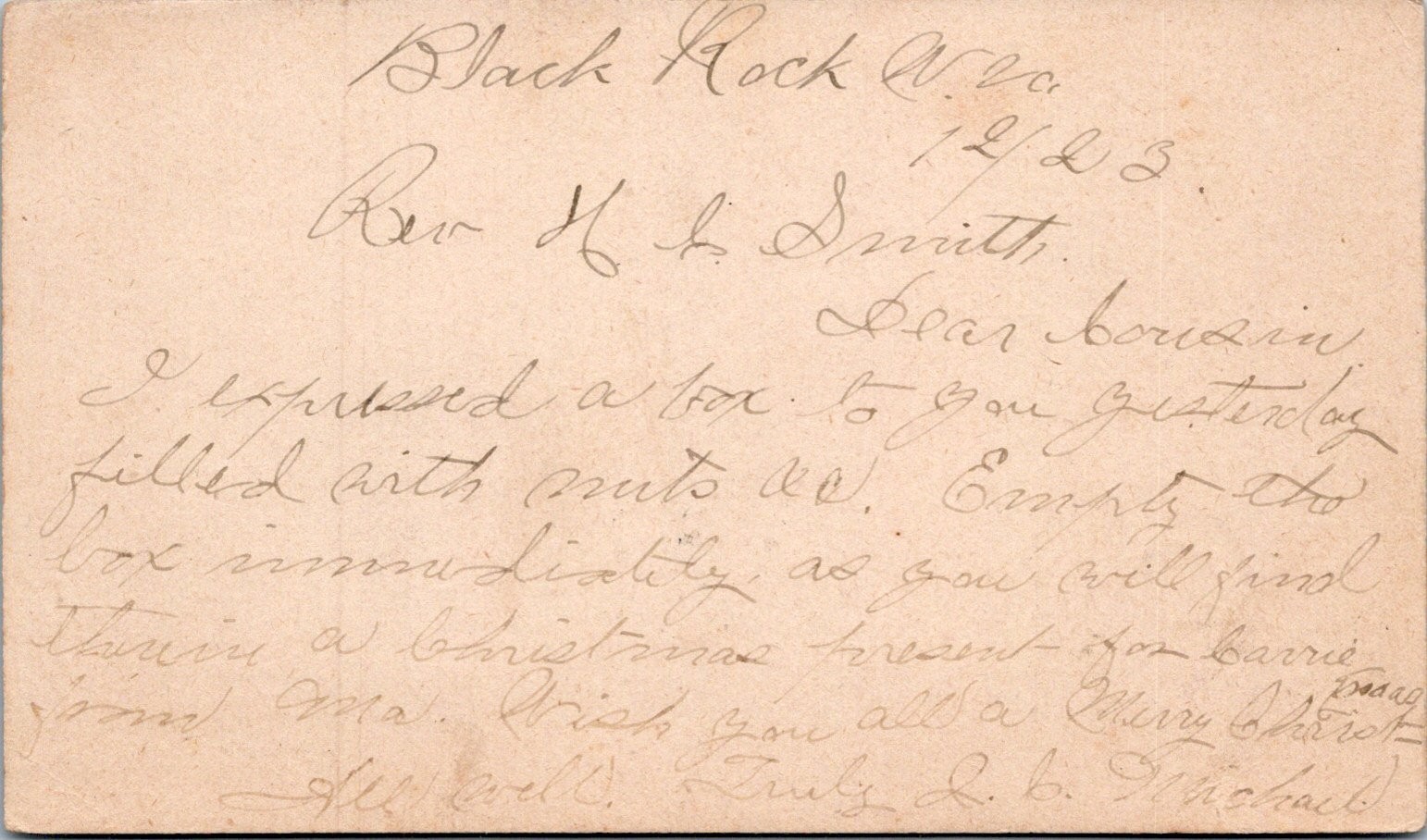 1883 Black Rock West Virginia to Parris WV Postal Card Christmas Present Mail