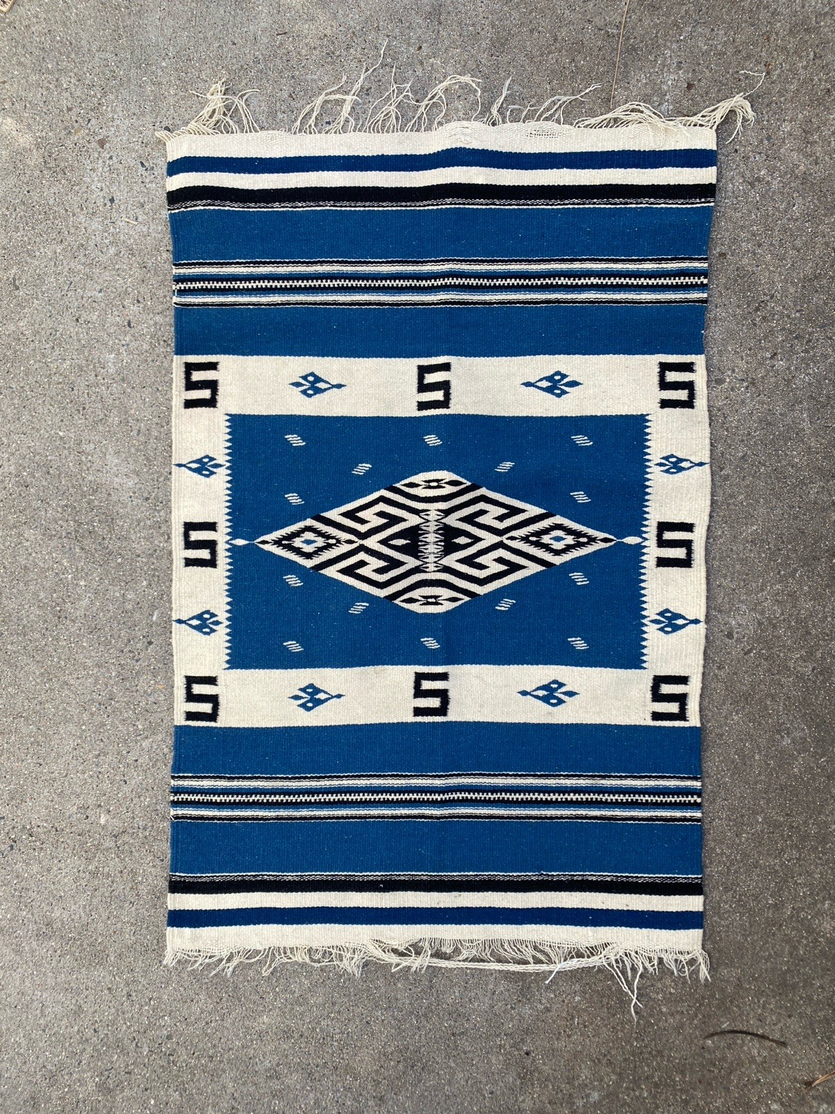 Antique Texcoco Rug Woven Blue Mexico Rio Grande 38x25 RARE