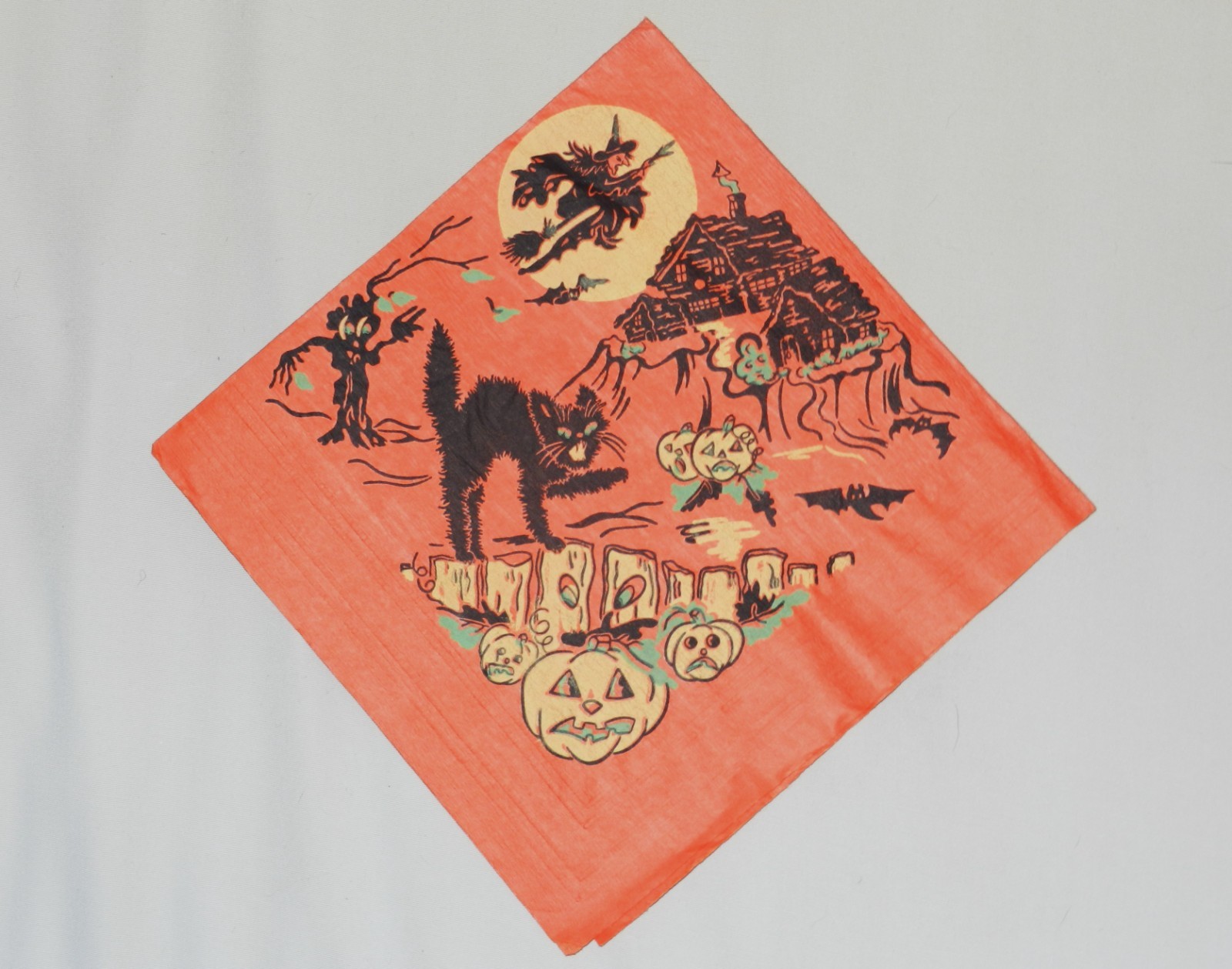 4 Vintage Halloween Crepe Paper Napkins Haunted House Pumpkin Black Cat