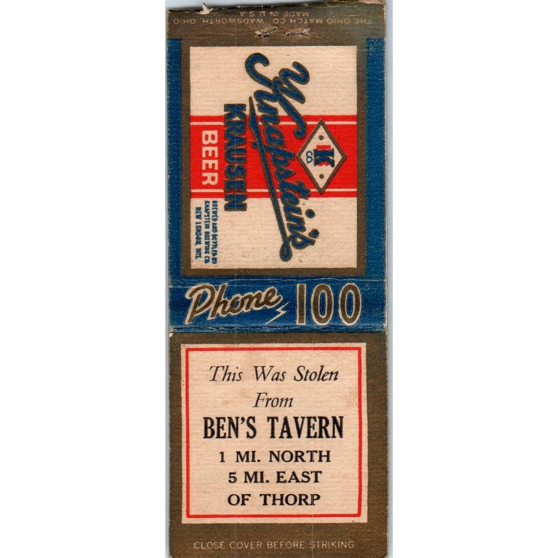 Ben\'s Tavern Thorp WI Knapstein\'s Krausen Vintage Matchbook Cover SD4-Y2