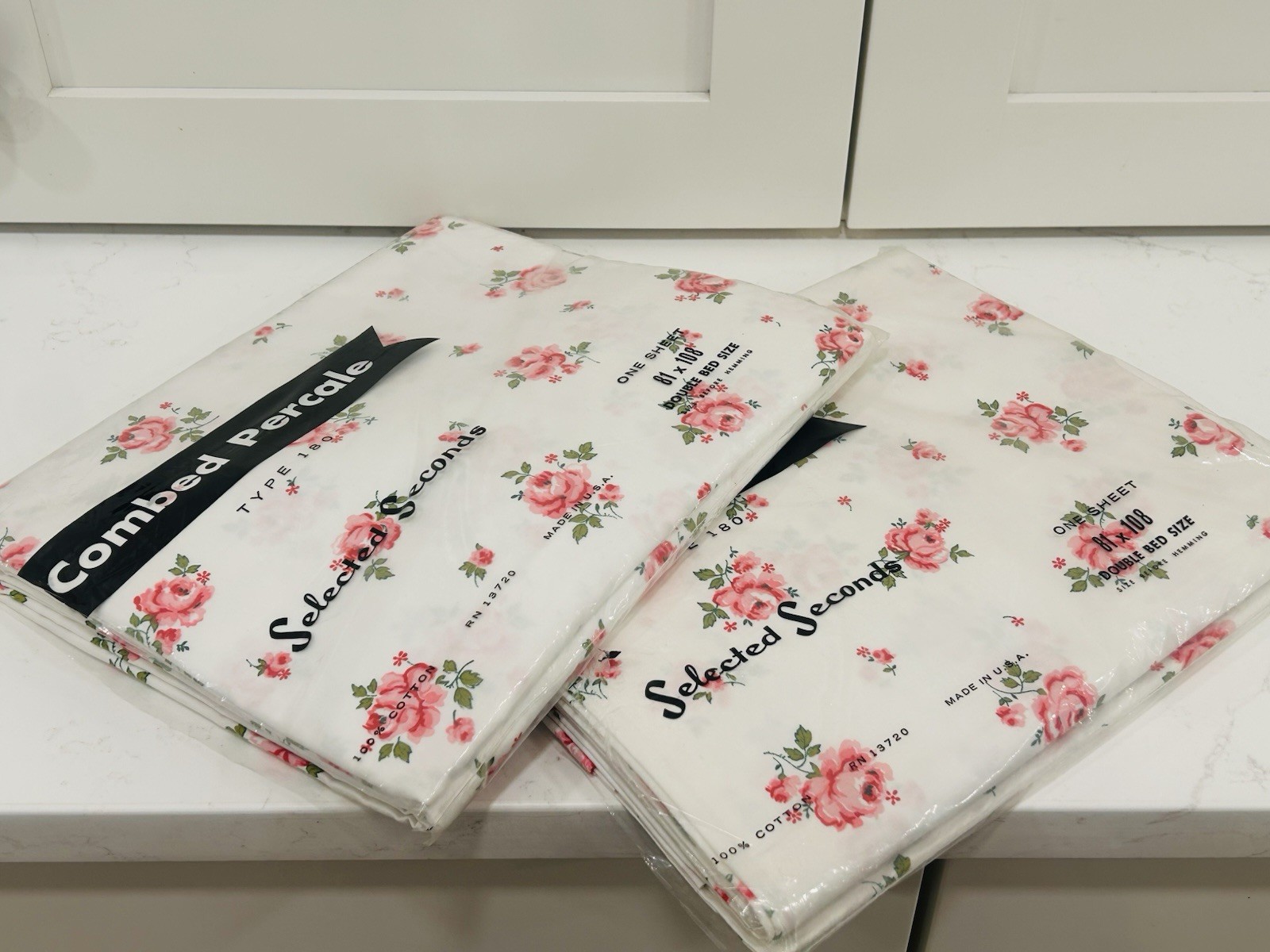 2 VTG 60’s NOS Pink Roses All Cotton Percale Full Flat Sheets Cottage Charm READ